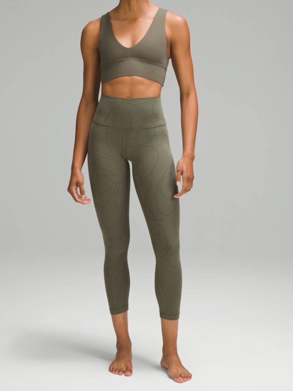 LULULEMON ALIGN HIGH RISE CROP 23" SCRIPTED YOGO ARMY GREEN DARK OLIVE SIZE 14
